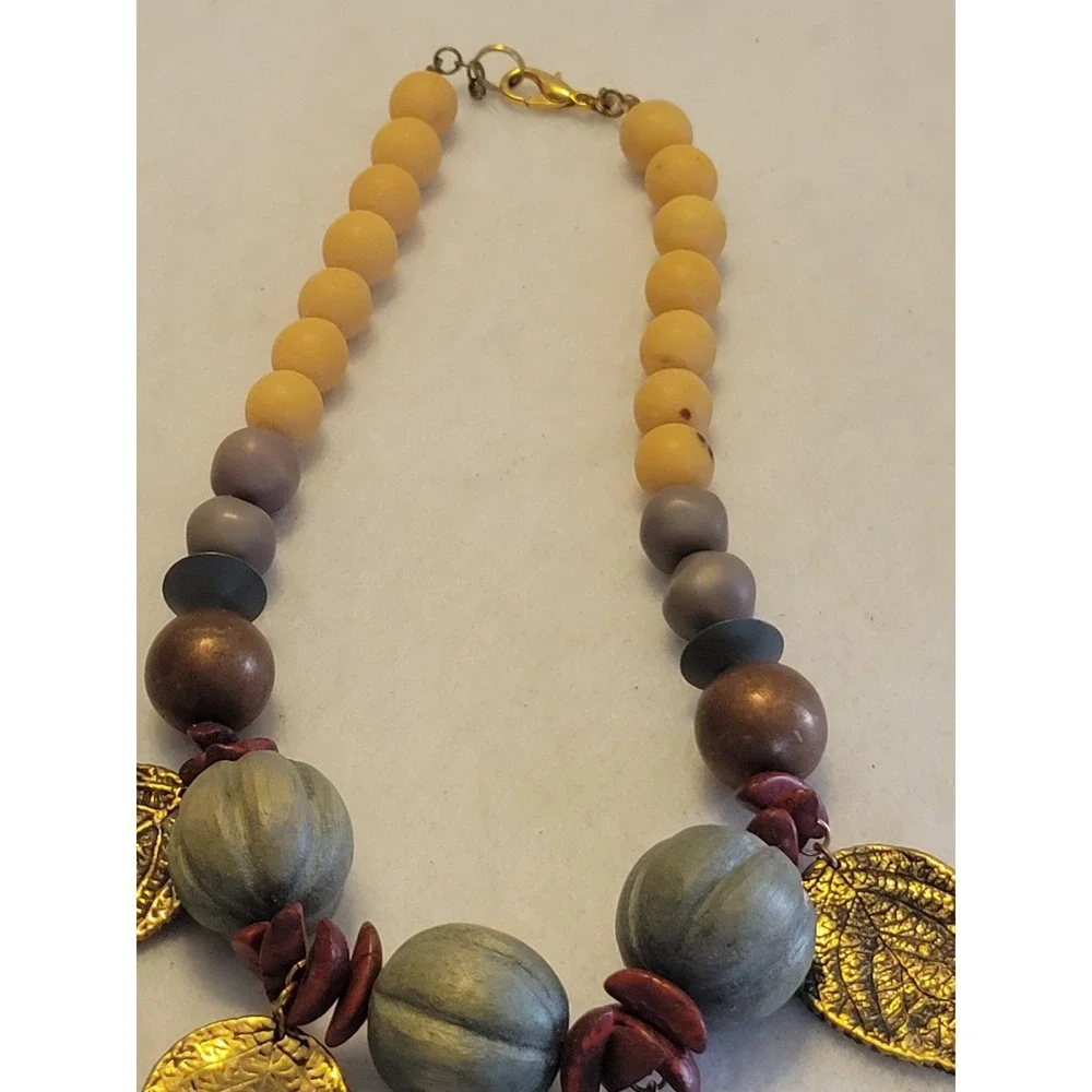 Beaded Leaf Necklace Boho Cottagecore Nature Statement Yellow Gold Tone